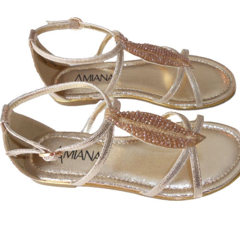 NEW 4 5 7Amiana Girls/Womens Beaded Low Heel Gold Leaf‎ Low Heel Sandals